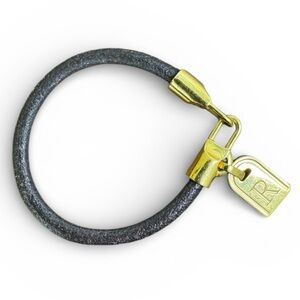 Bronze Milor Italy Bracelet Black Leather Cuff with Gold Initial R Charm Size 7